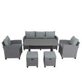 6-Piece Outdoor Rattan Wicker Set Patio Garden Backyard Sofa, Chair, Stools and Table(Gray Rattan+Gray Cushion)