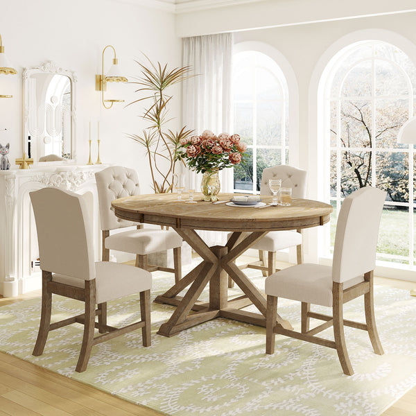 Natural Wood Style Dining Table Set with 4 Upholstered Chairs