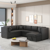 Sectional Sofa Pull out Sofa Bed with Two USB Ports, Two Power Sockets, Three Back Pillows and a Storage Chaise for Living Room, Black