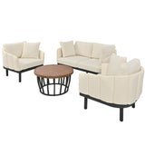 Modern 4-Piece Outdoor Iron Frame Conversation Set, Patio Chat Set with Acacia Wood Round Coffee Table for Backyard, Deck, Poolside, Indoor Use, Loveseat+Arm Chairs, Beige