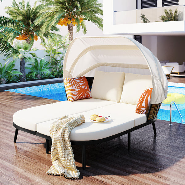 Patio Daybed with Retractable Canopy, Outdoor Rattan PE Wicker Back Loveseat Sofa Set with Throw Pillows and Cushions for Backyard, Poolside, Garden, Beige