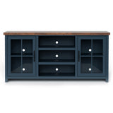 Devine 67 inch TV Stand Console for TVs up to 80 inches, No Assembly Required, Blue Denim and Whiskey Finish