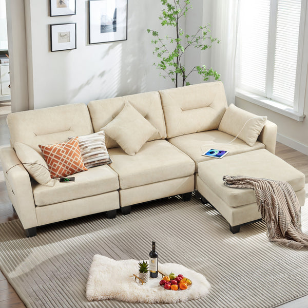 L Shaped Modular Sectional Couche with USB Ports, Ottoman, Lumbar Pillows