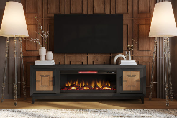 TV Stand Electric Fireplace for TVs up to 95 inches, Black and Bourbon Finish