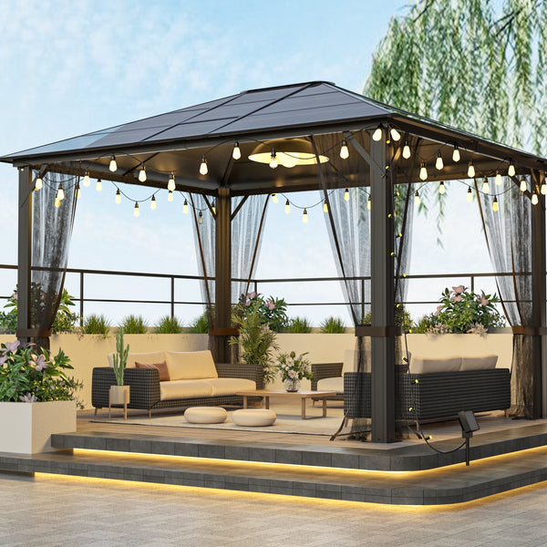 10x12 Hardtop Metal Gazebo,Heavy Duty Pergola with Mosquito Nets,Galvanized Steel&Polycarbonate Roof,Sturdy Outdoor Canopies Tent,Suitable for Gardens,Patio,Backyard