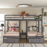 Grey Full over Twin & Twin Bunk Bed,Triple Bunk Bed with Drawers