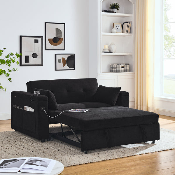 Pull-Out Sleeper Sofa Bed Double Seat Recliner Sofa Bed with Armrests with Storage and Side Pockets