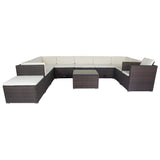 11 Piece patio Wicker Conversation Set, 10 Seater Patio Sectional Set with 3 Storage Box Under Seat Brown Wicker + White Cushion