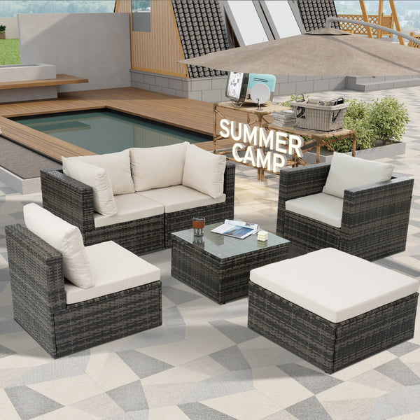 Patio Furniture, Outdoor Furniture, Seasonal PE Wicker Furniture, 6 Set Wicker Furniture With Tempered Glass Coffee Table