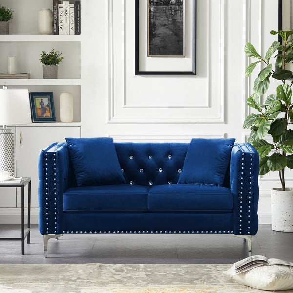 Blue Velvet Sofa with Jeweled buttons