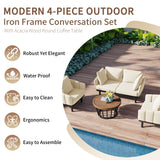 Modern 4-Piece Outdoor Iron Frame Conversation Set, Patio Chat Set with Acacia Wood Round Coffee Table for Backyard, Deck, Poolside, Indoor Use, Loveseat+Arm Chairs, Beige