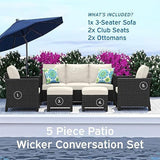 5 Piece Patio Furniture Wicker Conversation Set, Black / Off White