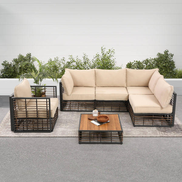 Grand patio 6-Piece Wicker Patio Furniture Set, All-Weather Outdoor Conversation Set Sectional Sofa with Water Resistant Beige Thick Cushions and Coffee Table