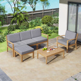 6 Piece Acacia Wood Frame Patio Sectional Sofa Set with Coffee Table and Removable Cushion for Garden Backyard Patio and Poolside(Grey)