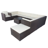 11 Piece patio Wicker Conversation Set, 10 Seater Patio Sectional Set with 3 Storage Box Under Seat Brown Wicker + White Cushion