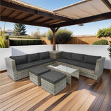 8 Piece Patio Sectional Wicker Rattan Outdoor Furniture Sofa Set with One Storage Box Under Seat and Cushion Box Grey wicker + Black Cushion + Clear Glass Top