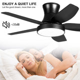 46 Inch Black Flush Mount Ceiling Fan with Light and Remote Control, Low Profile Ceiling Fan with 5 blades, 3 Light Color, 6 Speeds for Living Room, Bedroom, Children room, Matte Black