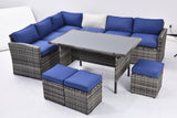 Outdoor Patio Furniture Set,7 Pieces Outdoor Sectional Conversation Sofa with Dining Table,Chairs and Ottomans,All Weather PE Rattan and Steel Frame,With Backrest and Removable Cushions(Grey+Blue)