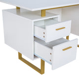 White and Gold Desk for Office with Drawers & Storage