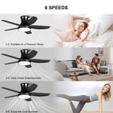 46 Inch Black Flush Mount Ceiling Fan with Light and Remote Control, Low Profile Ceiling Fan with 5 blades, 3 Light Color, 6 Speeds for Living Room, Bedroom, Children room, Matte Black