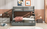 Wood Twin over Full Bunk Bed with 2 Drawers, Gray