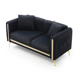 Modern Black Velvet Loveseat Sofa, Side Pocket Mid-Century Tufted, Gold Metal Legs