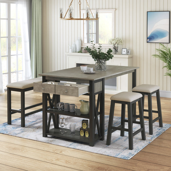 Rustic Wood 4-Piece Counter Height Dining Table Set with Storage Shelves and Drawer