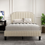 Modern Linen Curved Upholstered Platform Bed , Solid Wood Frame , Nailhead Trim, Beige (Full)