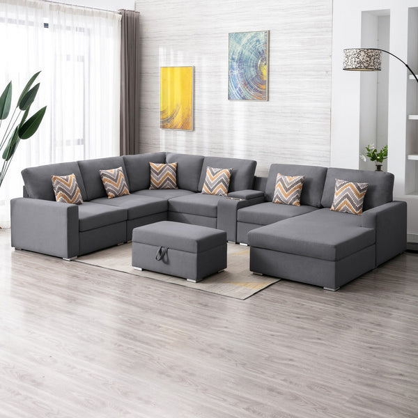 Gray 8Pc Reversible Sectional Sofa Couch with Interchangeable Legs, Pillows, Storage Ottoman, and a USB, Charging Ports, Cupholders, Storage Console Table