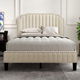 Modern Linen Curved Upholstered Platform Bed , Solid Wood Frame , Nailhead Trim, Beige (Full)