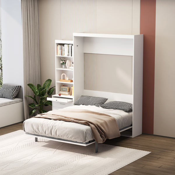 Full Size White Vertical Murphy Bed with Shelf and Drawers for Bedroom or Guestroom White