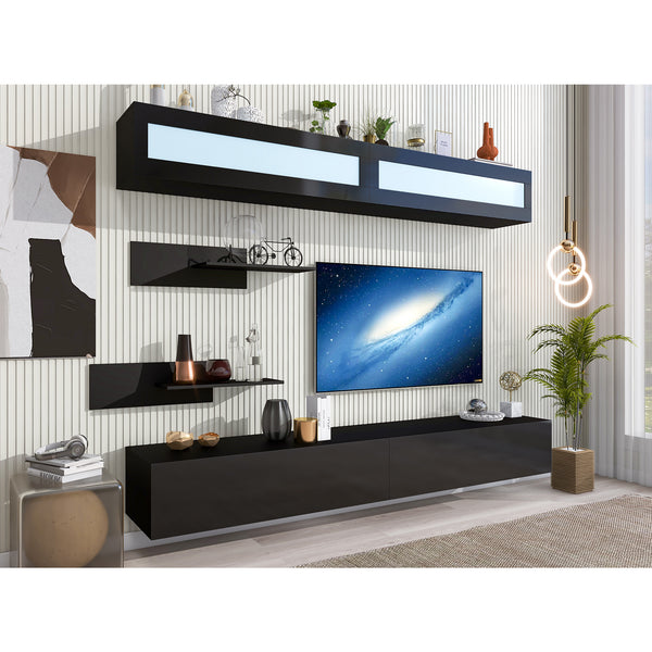 Wall Mount Floating TV Stand with Four Media Storage Cabinets and Two Shelves, Modern High Gloss Entertainment Center for 95+ Inch TV, 16-color RGB LED Lights