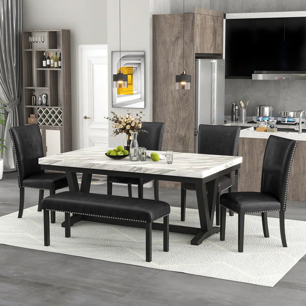 6-piece Dining Table Set with 1 Faux Marble Top Table,4 Upholstered Seats