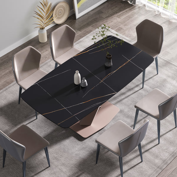 70.87"Modern artificial stone black curved metal leg dining table-can accommodate 6-8 people