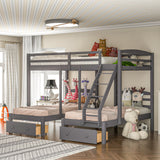 Grey Full over Twin & Twin Bunk Bed,Triple Bunk Bed with Drawers