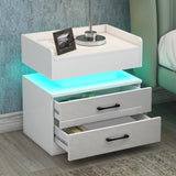 Nightstand with 2 Drawers,USB Charging Ports and Remote Control LED Light-White