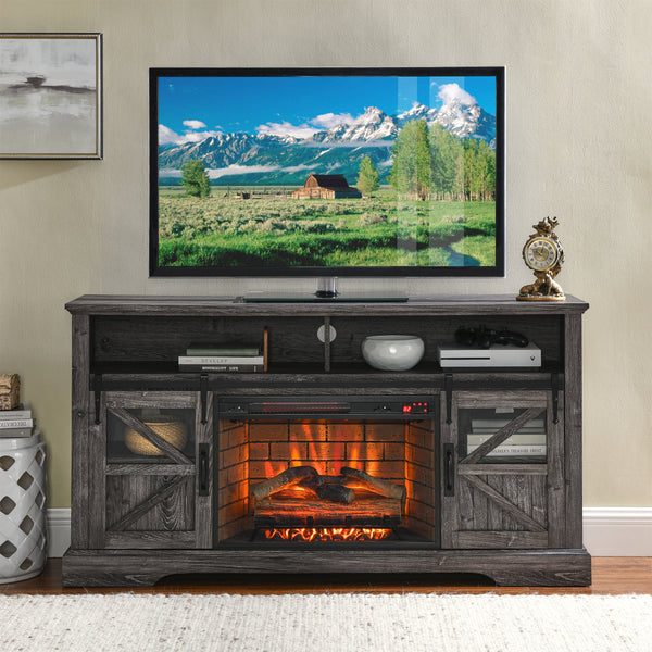 Dark Rustic Oak 60 Inch Electric Fireplace Entertainment Center With Door Sensor