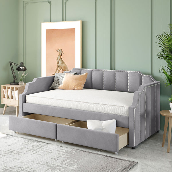 Twin Size Upholstered daybed with Drawers, Wood Slat Support.