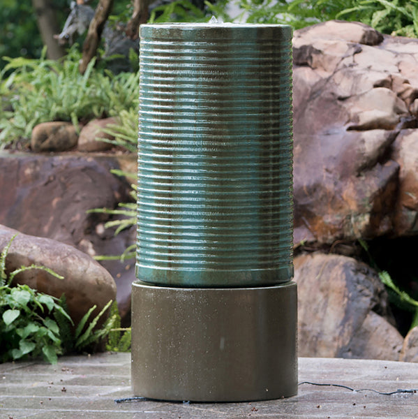 Antique Green Large Concrete Cylinder Ribbed Water Fountain, Outdoor Bird Feeder / Bath Fountain, Modern Industrial Style