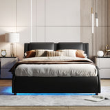Queen Size Upholstered Faux Leather Platform Bed with LED Light Bed Frame with Slatted - Black