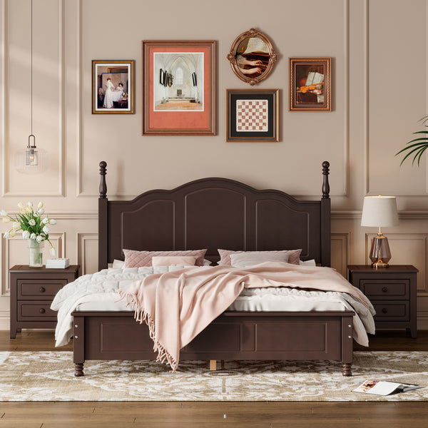 Queen 3 Piece Bedroom Set -Wood Platform Bed - Two Nightstands - Dark Walnut