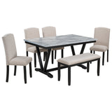 Modern Style 6-piece Dining Table with 4 Chairs & 1 Bench, Table with Marbled Veneer Tabletop