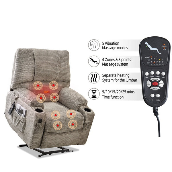 Large size Electric Power Lift Recliner Chair Sofa for Elderly, 8 point vibration Massage and lumber heat, Remote Control, 2 Side Pockets and Cup Holders, cozy fabric overstuffed arm, heavy duty 230LB