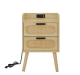 JHX Rattan nightstand with socket side table natural handmade rattan（Natural 15.55’’W*13.78’’D*23.82’’H）