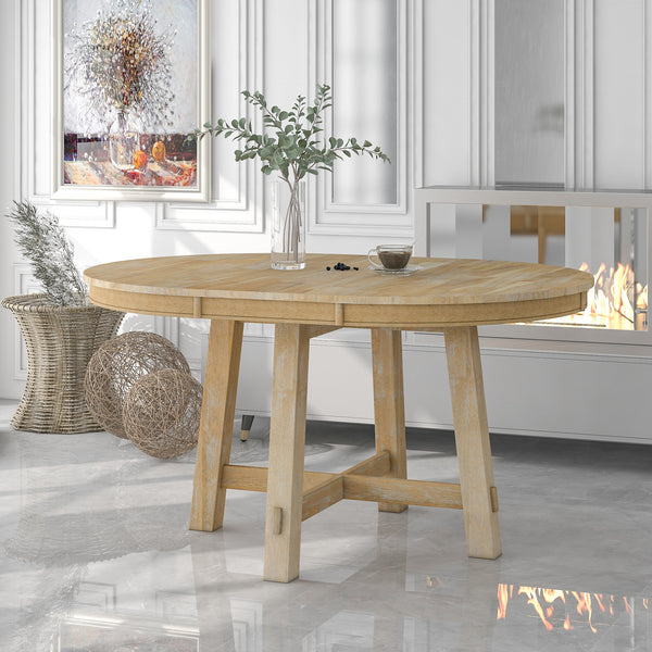 Round Extendable Dining Table with 16" Leaf Wood Kitchen Table