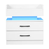 Nightstand with 2 Drawers,USB Charging Ports and Remote Control LED Light-White