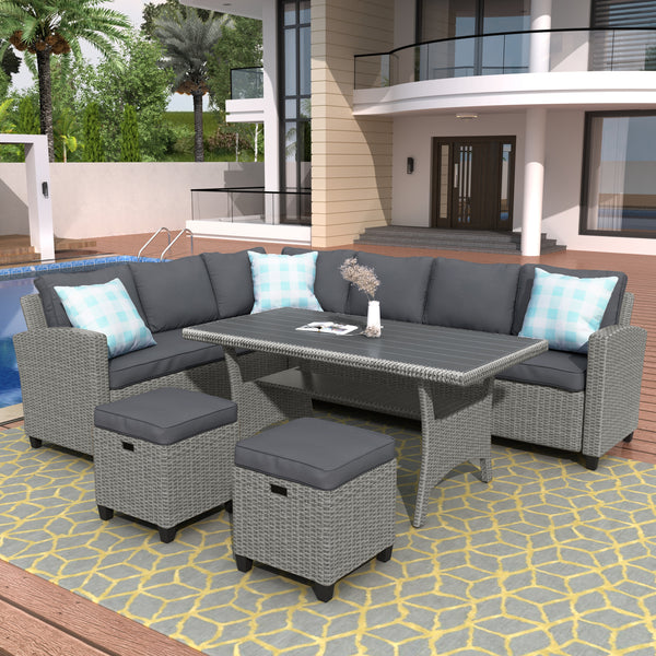 Patio Furniture Set, 5 Piece Outdoor Conversation Set,  Dining Table Chair with Ottoman and Throw Pillows