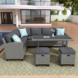 Patio Furniture Set, 5 Piece Outdoor Conversation Set,  Dining Table Chair with Ottoman and Throw Pillows