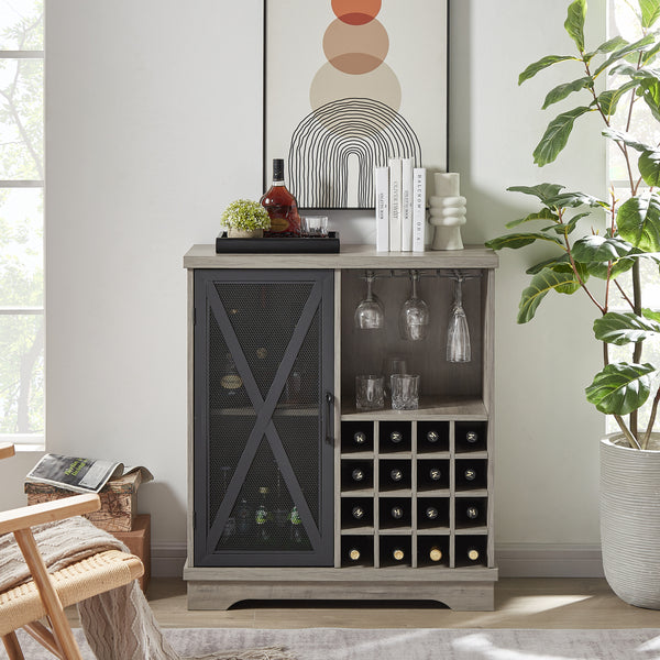 JHX Single door wine cabinet with 16 wine storage compartments (Gray, 31.50" W*13.78" D*35.43" H)