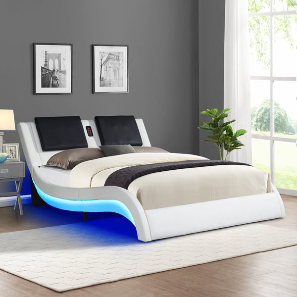 Faux Leather Upholstered Platform Bed Frame with led lighting & Bluetooth / massage